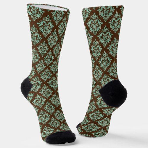 Light green Damasks Pattern on Brown Background Socks