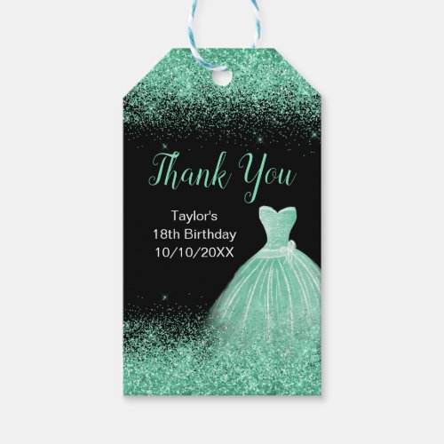 Light Green Dress Faux Glitter Birthday Thank You Gift Tags