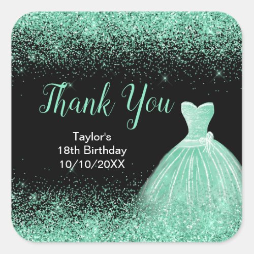 Light Green Dress Faux Glitter Birthday Thank You Square Sticker