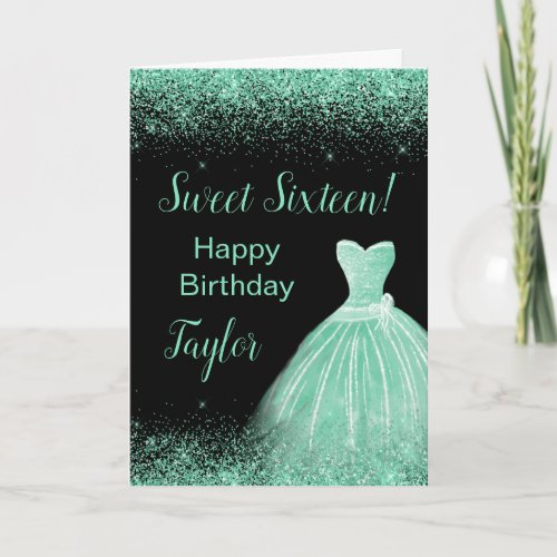 Light Green Dress Faux Glitter Sweet 16 Birthday Card