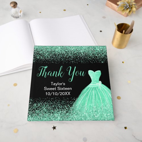 Light Green Dress Faux Glitter Sweet 16 Birthday Guest Book