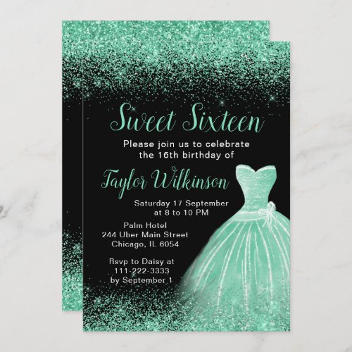 Light Green Dress Faux Glitter Sweet 16 Birthday Invitation