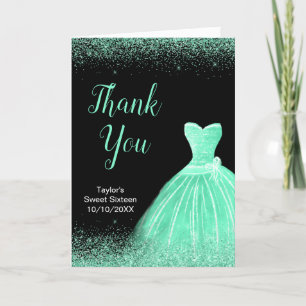 Light Green Dress Faux Glitter Sweet 16 Birthday Letterpress Thank You Card