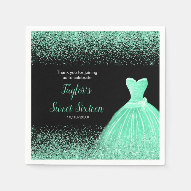 Light Green Dress Faux Glitter Sweet 16 Birthday Napkins (Front)