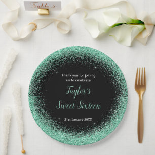 Light Green Dress Faux Glitter Sweet 16 Birthday Paper Plates