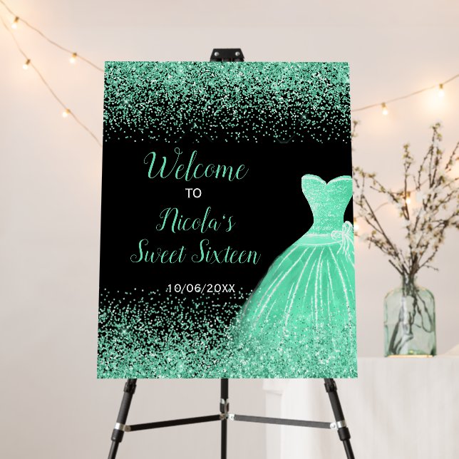 Light Green Dress Faux Glitter Sweet 16 Welcome Foam Board (In Situ (Stand))