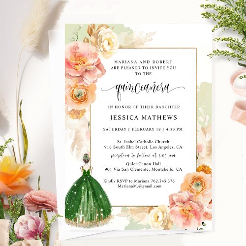 Light Green Elegant Floral Princess Quinceaera Invitation