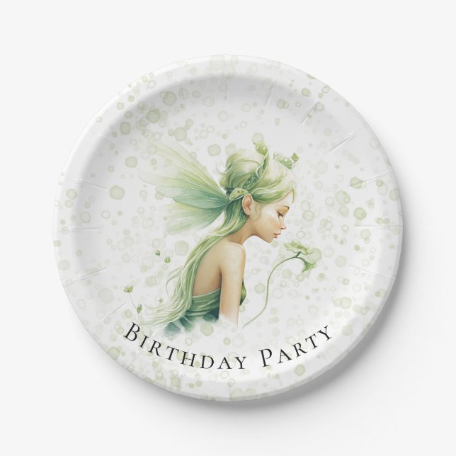 Light Green Fairy Alcohol Ink Girl Birthday Party Paper Plates (Front)