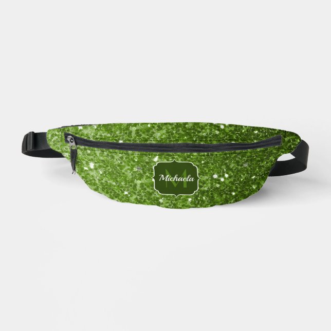 Light green faux glitter sparkles Monogram Fanny Pack (Front)
