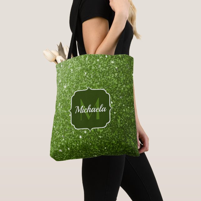 Light green faux glitter sparkles Monogram Tote Bag (Close Up)