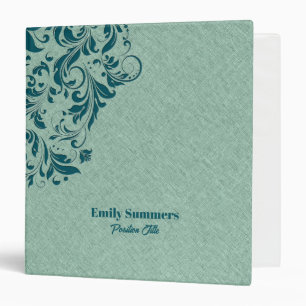 Light-Green Faux Linen Turquoise Floral Swirls 3 Ring Binder