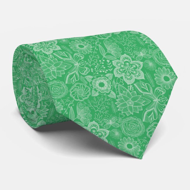 Light-Green Floral Lace Pattern on dark green Neck Tie (Rolled)