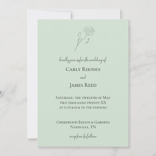 Light Green Flower Line Art Monogram Wedding Invitation