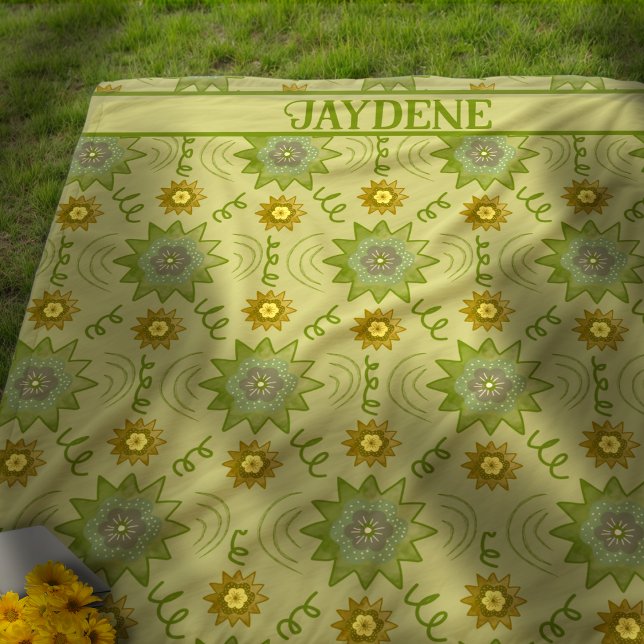 Light Green Geometric Flowers Fleece Blanket (The shades of green and gold are nature inspired and have a timeless yet modern feel.)
