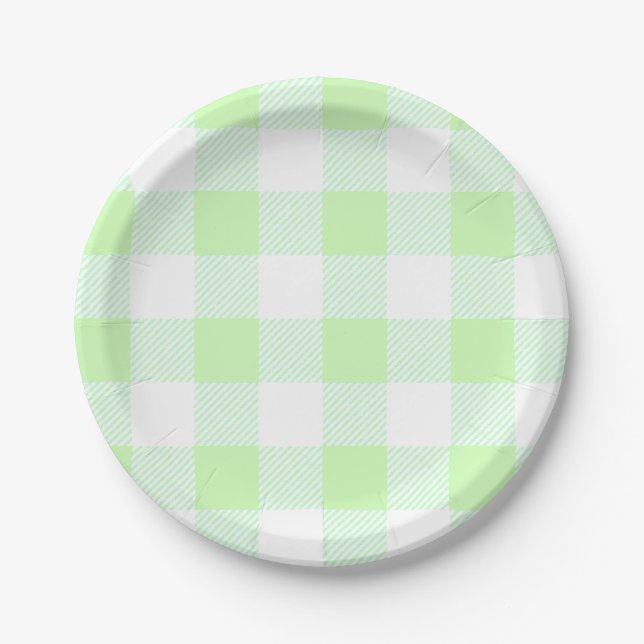 light green gingham check paper plates (Front)
