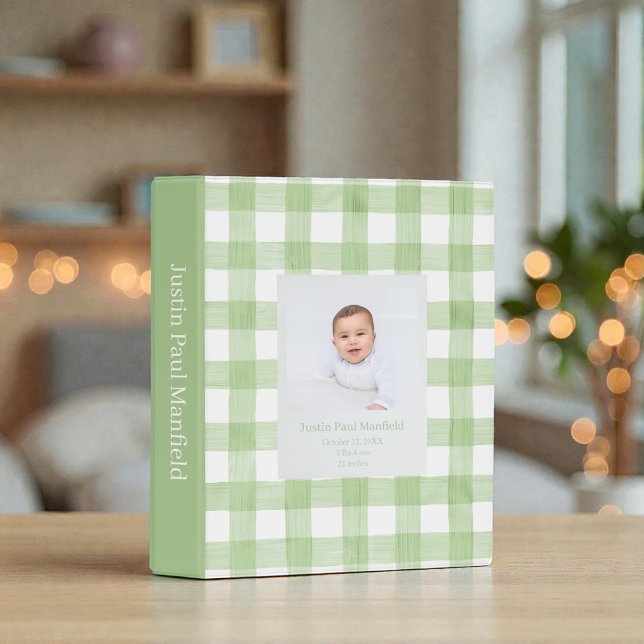 Light Green Gingham Watercolor Custom Baby Photos Mini Binder (Creator Uploaded)