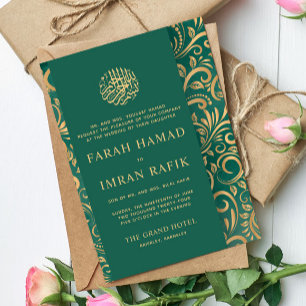 Light Green Gold Pattern Islamic Muslim Wedding Invitation