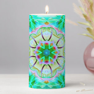 Light green grainy texture, flowery kaleidoscope t pillar candle