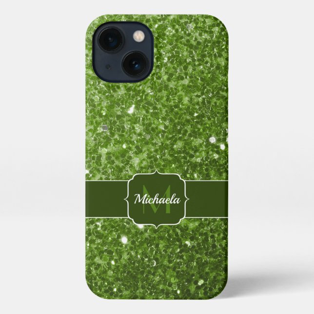 Light green greenery faux glitter sparkle Monogram iPhone Case (Back)