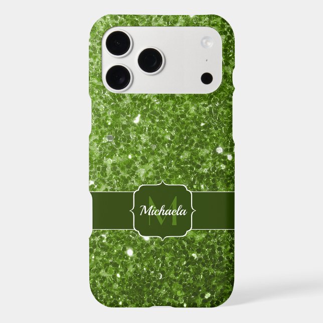 Light green greenery faux glitter sparkle Monogram iPhone Case (Back)