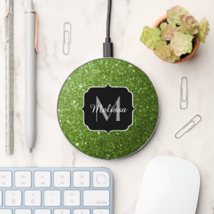 Light green greenery faux glitter sparkle Monogram Wireless Charger