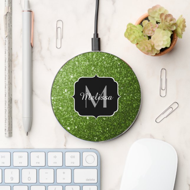 Light green greenery faux glitter sparkle Monogram Wireless Charger (Desk)