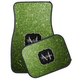 Light green greenery glitter sparkles Monogram Car Mat