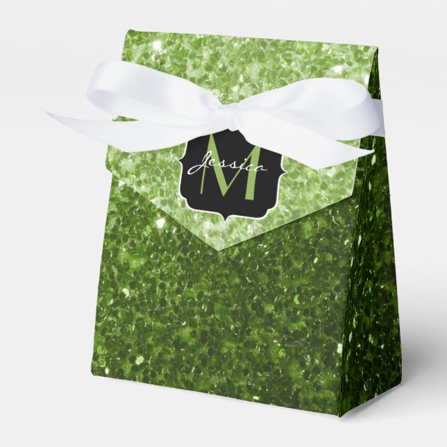 Light green greenery glitter sparkles Monogram Favor Boxes (Front Side)