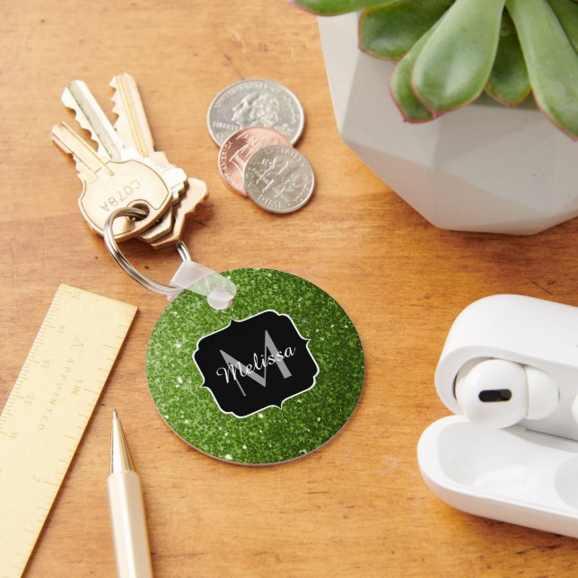 Light green greenery glitter sparkles Monogram Keychain (Desk)