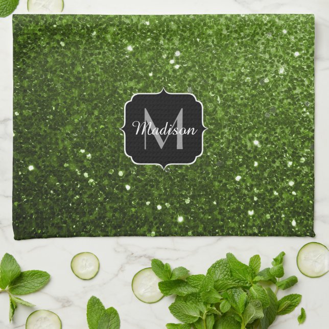 Light green greenery glitter sparkles Monogram Kitchen Towel (Folded)