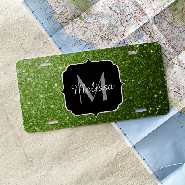 Light green greenery glitter sparkles Monogram License Plate (In Situ)