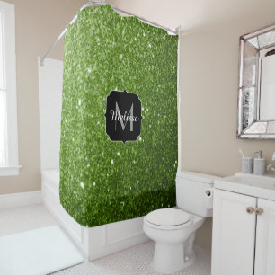 Light green greenery glitter sparkles Monogram Shower Curtain