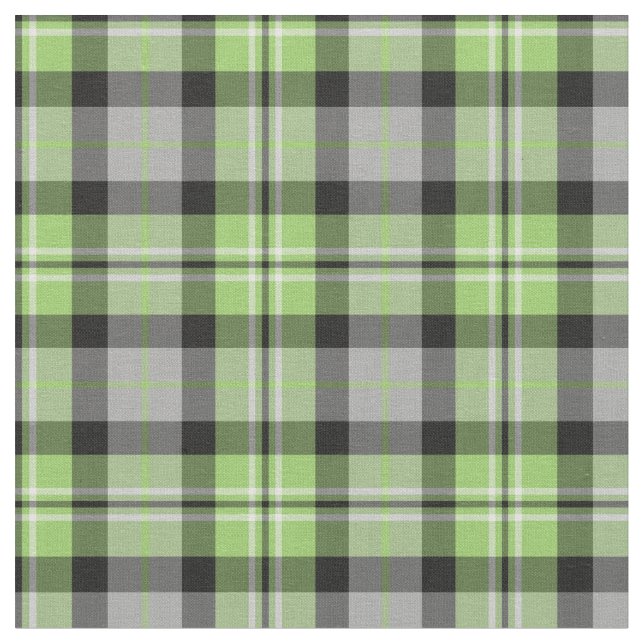 Light Green, Grey, Black and White Plaid Fabric (Close Up)