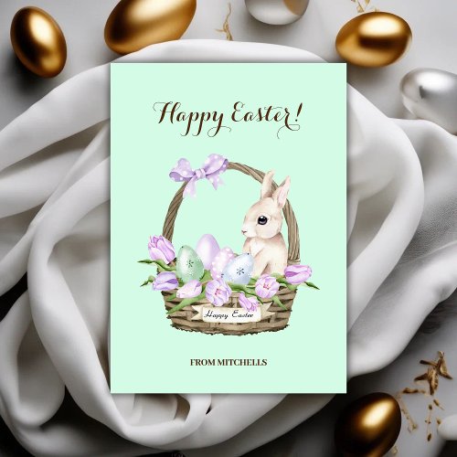 Light Green Happy Easter Rabbit Basket  Holiday Card