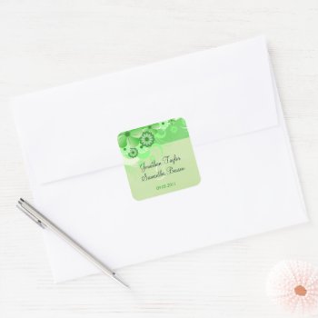Light Green Hibiscus Floral Save The Date Favor Square Sticker by sunnymars at Zazzle