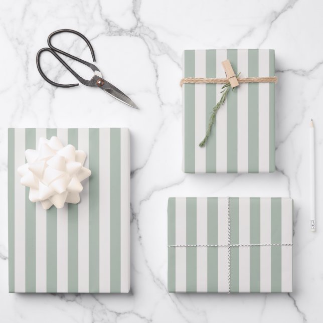 Light Green & Ivory Stripes Wrapping Paper Sheets (Front)