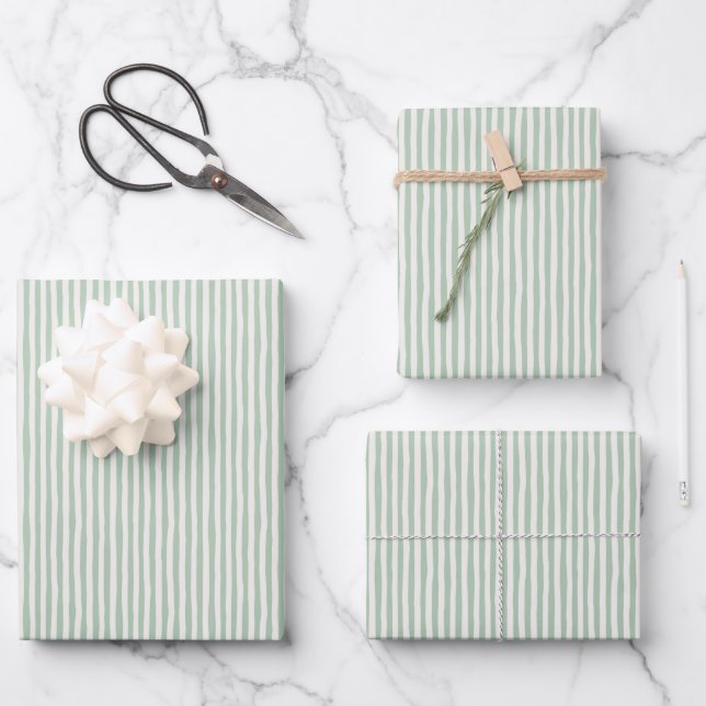 Light Green & Ivory Wonky Stripes Wrapping Paper Sheets (Front)