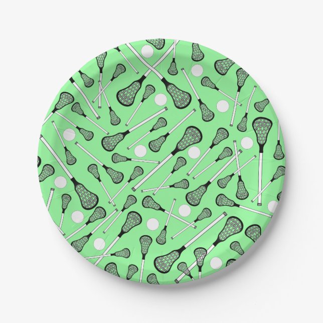 Light green lacrosse sticks pattern paper plates (Front)
