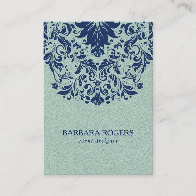 Light-Green Linen Texture Blue Floral Lace Business Card (Front)