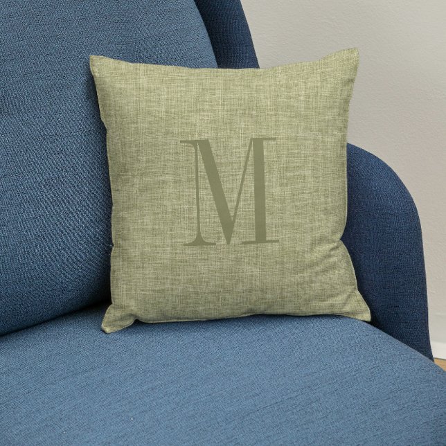 Light Green linen texture monogram Throw Pillow (Creator Uploaded)