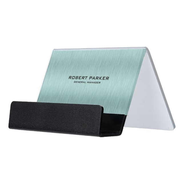 Light-green Metallic Texture Background Desk Business Card Holder (Angled Front)