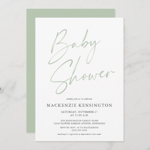Light Green Minimalist Modern Script Baby Shower Invitation