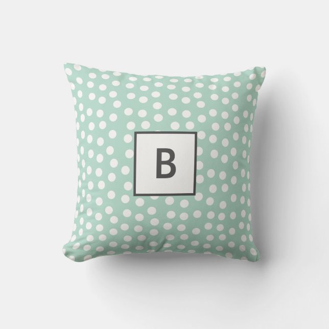 Light green mint polka dots monogram throw pillow (Front)