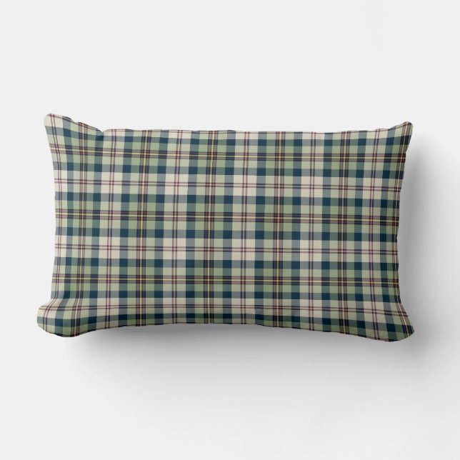 Light Green, Navy Blue and Cream Plaid Pattern Lumbar Pillow (Front)