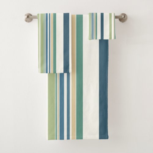 Light Green Navy Blue Stripes Bath Towel Set