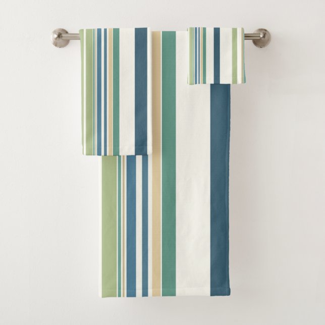 Light Green Navy Blue Stripes Bath Towel Set (Insitu)