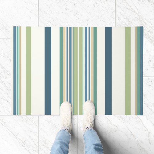 Light Green Navy Blue Stripes Doormat