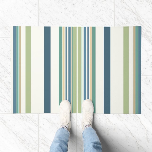 Light Green Navy Blue Stripes Doormat (Indoor)