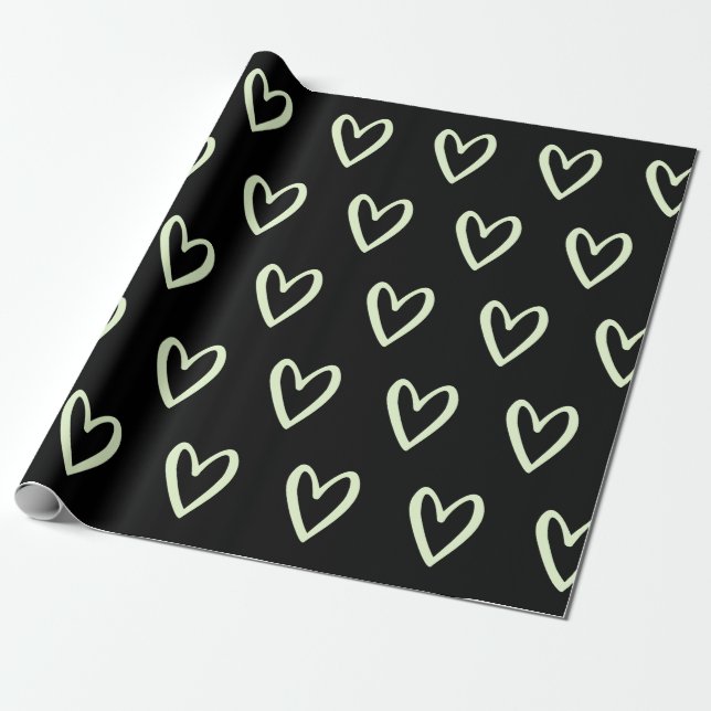 Light Green on Black Handdrawn Hearts Wrapping Paper (Unrolled)