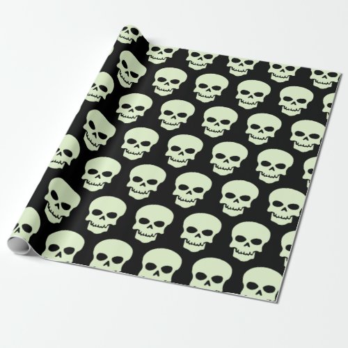 Light Green on Black Skulls Wrapping Paper